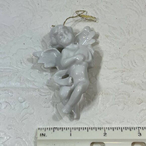 White Glazed Ceramic Cherub Angel Playing Mandolin Christmas Ornament 3.25" - Picture 12 of 15